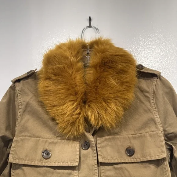 J Crew Peplum Chino Jacket Faux Fur Collar Ridge Khaki Style# H1641 Belted Funky - Picture 3 of 10